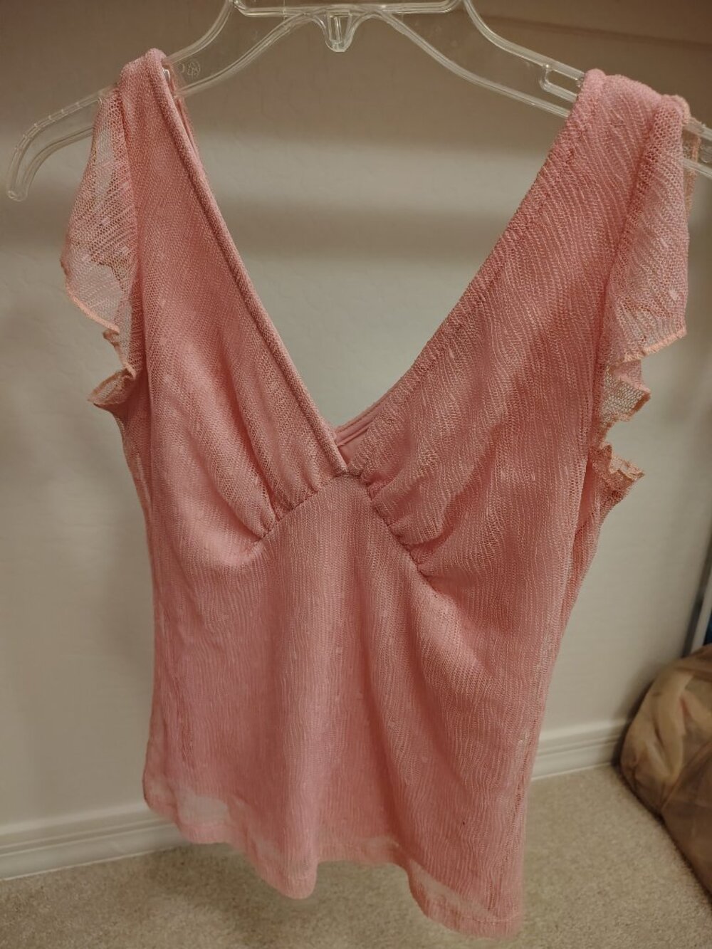 Y2k  V-neck top featuring sheer ruffled cap sleeves